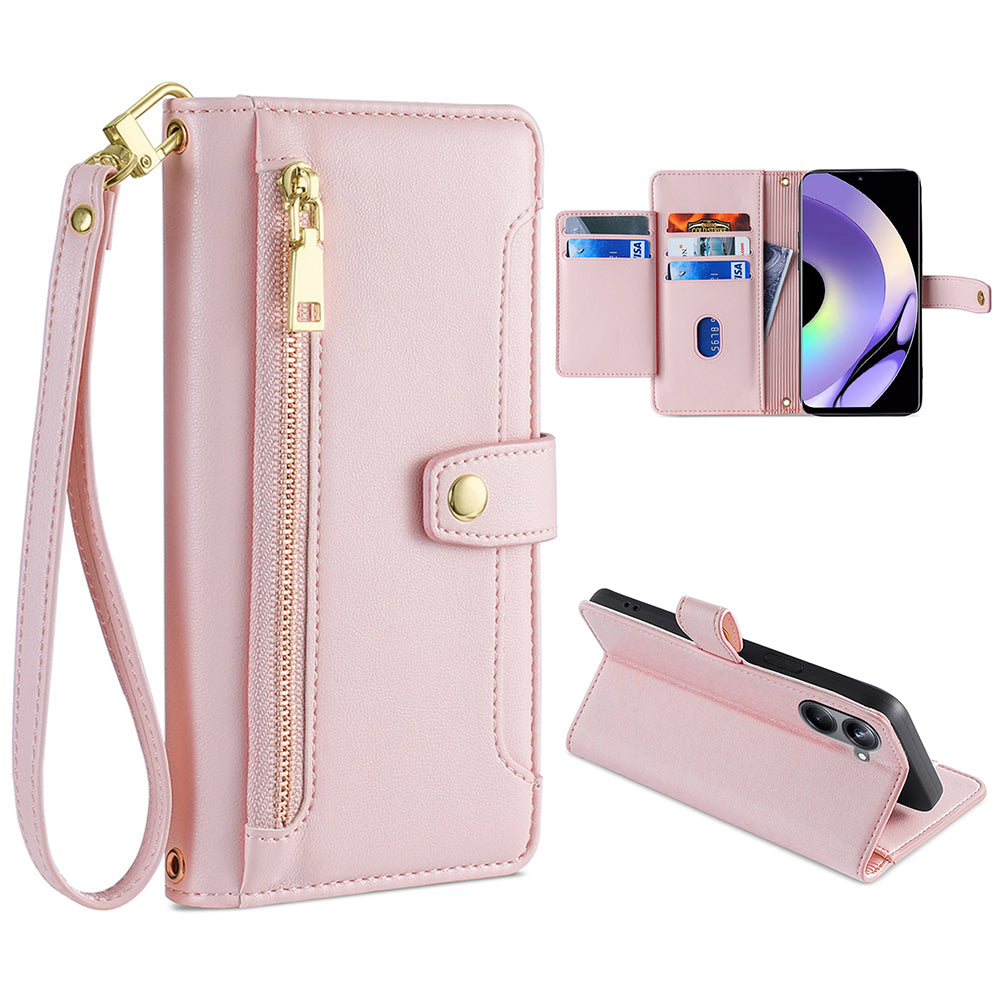 For Realme 10 Pro 5G Zipper Pocket PU Leather Stand Case Card Slots Collision Proof Flip Phone Cover with Wrist Strap and Shoulder Strap For Realme 10 Pro 5G Zipper Pocket PU Leather Stand Case Card Slots Collision Proof Flip Phone Cover with Wrist Strap and Shoulder Strap